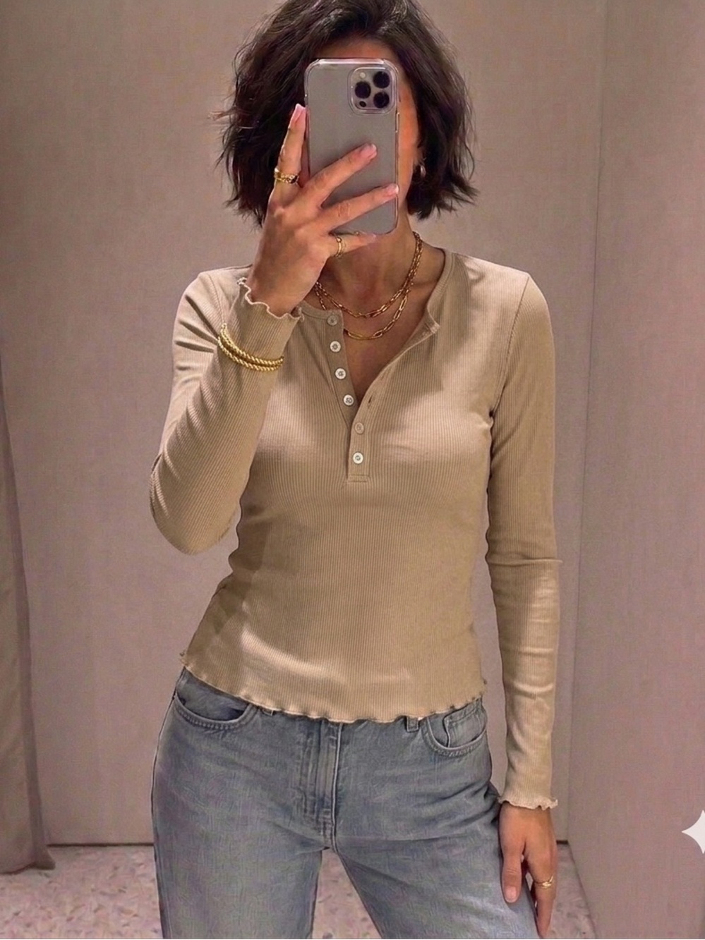 SHEIN Beige Ribbed Long-Sleeve Henley Top